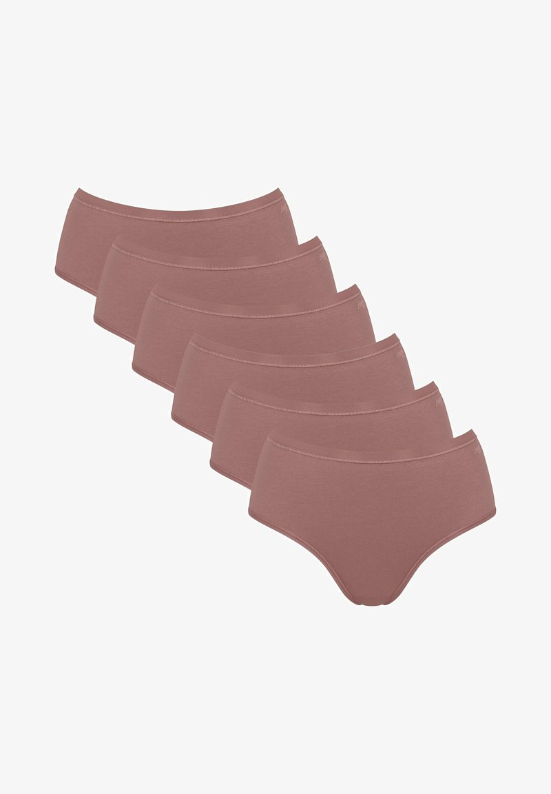 Set van vijf dames slips in een zachte, gedempte roze kleur. Gemaakt van rekbare katoen met een gladde textuur en een elastische tailleband.