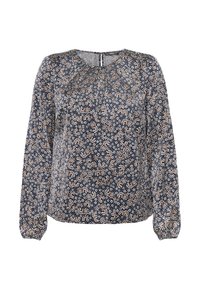 Blouse à manches longues bleu marine avec poignets élastiqués et un motif floral et paisley petit format en tons blancs et bruns sur toute la surface.