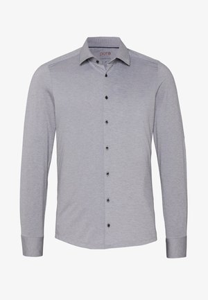 Lichtgrijs overhemd met lange mouwen, knoopsluiting en een klassieke kraag, met zwarte knopen in het midden, met een getailleerde pasvorm.