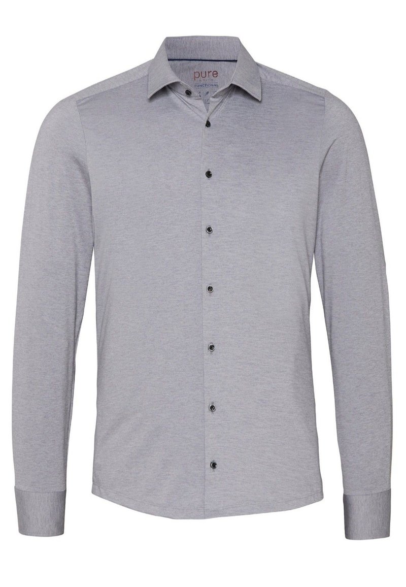 Lichtgrijs overhemd met lange mouwen, knoopsluiting en een klassieke kraag, met zwarte knopen in het midden, met een getailleerde pasvorm.