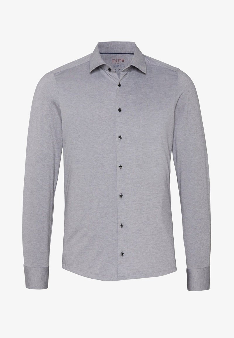 Lichtgrijs overhemd met lange mouwen, knoopsluiting en een klassieke kraag, met zwarte knopen in het midden, met een getailleerde pasvorm.