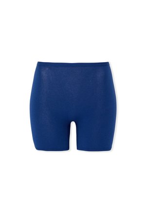 Marineblauwe, hoge taille, naadloze sportshorts met een gladde textuur en lengte tot halverwege het bovenbeen, weergegeven op een witte achtergrond.