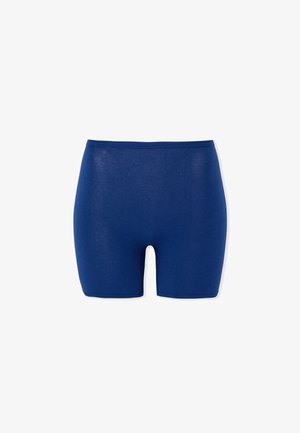 Marineblauwe, hoge taille, naadloze sportshorts met een gladde textuur en lengte tot halverwege het bovenbeen, weergegeven op een witte achtergrond.