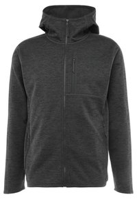 Dark gray hooded jacket made of smooth fabric. Features a full-length zipper and multiple pockets, including a zippered chest pocket.