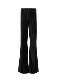 Pantalon noir taille haute évasé avec fines rayures verticales et fermeture à double bouton à la taille.
