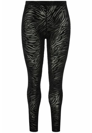 Schwarze Leggings mit glänzender Oberfläche, ausgestattet mit einem strukturierten Zebra-Streifenmuster in unterschiedlichen Schwarz- und Grautönen.