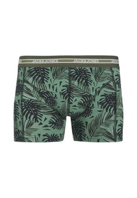 Boxer-briefs verts avec des motifs de feuilles tropicales vertes foncées et noires, et une ceinture élastique olive étiquetée "JACK & JONES."