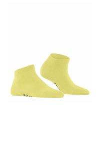 Żółte skarpetki do kostek wykonane z mieszanki bawełny, z prążkowanym mankietem oraz czarnym logo z boku. Gładka tekstura i dopasowany krój.