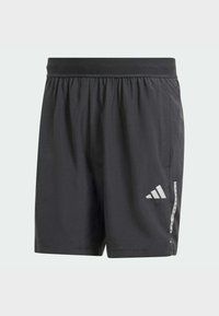Shorts de sport noirs avec taille élastique, poches latérales, logo Adidas blanc et bande réfléchissante sur la jambe droite.