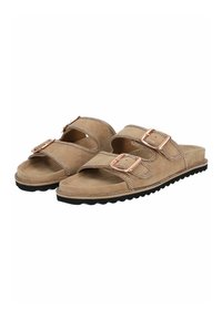 Helle Wildleder-Sandalen mit zwei verstellbaren Riemen und Metallschnallen. Sie verfügen über eine gepolsterte Fußbett und eine strukturierte schwarze Gummisohle.
