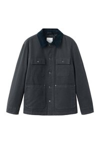 Donkergrijze jas met een corduroy kraag, voorzien van twee borstzakken en twee lagere zakken, gemaakt van een stevig materiaal.