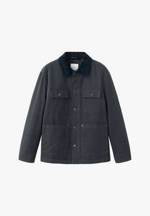 Temno siva jakna s kordijonskim ovratnikom, s dvema prsoma žepoma in dvema spodnjima žepoma, izdelana iz trpežne tkanine.