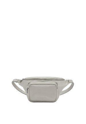 Grau lederne Bauchtasche mit einem Hauptfach mit Reißverschluss und einer vorderen Reißverschlusstasche. Glatte Textur und verstellbarer Gurt. Minimalistisches Design.