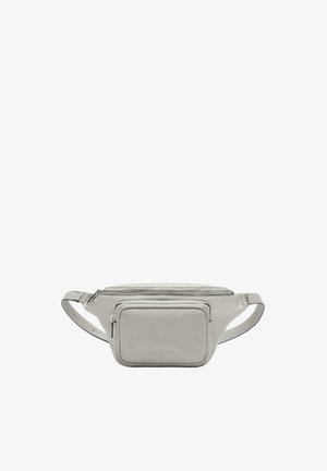 Szara skórzana saszetka biodrowa z główną przegrodą na zamek i przednią kieszenią na zamek. Gładka tekstura i regulowany pasek. Minimalistyczny design.