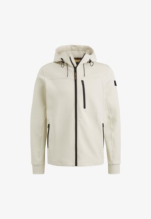 Chaqueta con cremallera en color beige claro y capucha, con detalles en cremallera negra y dos bolsillos laterales. Presenta una tela texturizada y un diseño de costura sutil.
