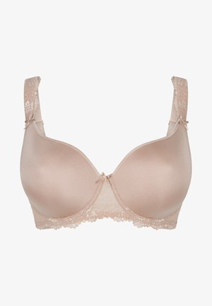 Soutien-gorge beige con coppe lisce, dettagli in pizzo sulle spalline e sulla banda, e piccoli fiocchi al centro e nei punti in cui si uniscono le spalline.