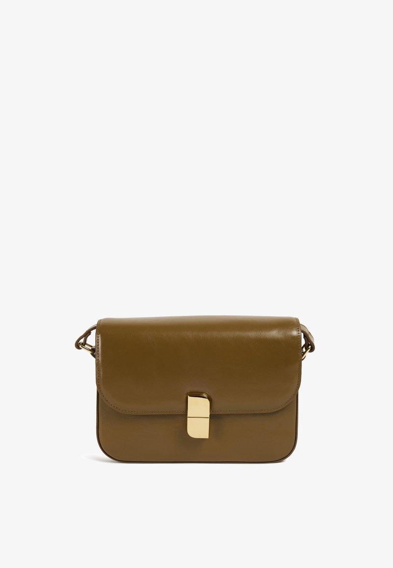 Brown leather crossbody bag with a flap closure and gold hardware detail. Features a slim rectangular shape and adjustable shoulder strap.