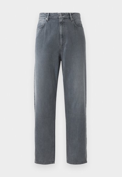 High-waisted, straight-leg jeans in faded gray denim, featuring five pockets, a button closure, and subtle fading on the fabric.