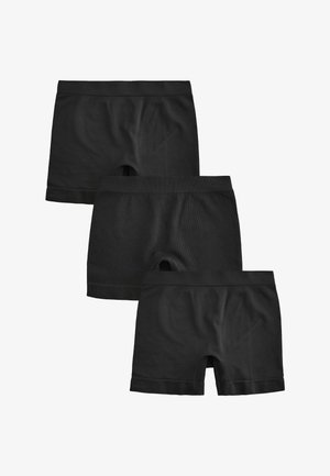 Mustad musta puuvillast boxerite komplekt, millel on kolm suurust, elastne vöökoht, sile tekstuur, ribakujundus ja suletud jalgade avad.