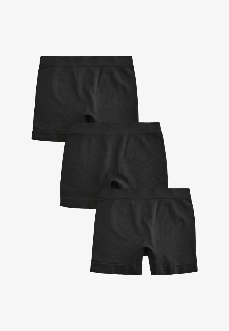 Melni kokvilnas bokseršortos komplekts, kurā ir trīs izmēri ar elastīgu jostu, gludu tekstūru, ribotu dizainu un slēgtām kāju atverēm.