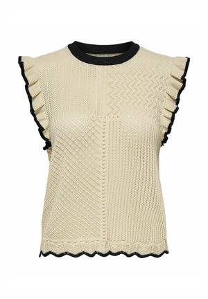 Ärmelloses stricktop in Creme mit strukturierten Mustern, schwarzem geripptem Ausschnitt und Rüschensäumen. Verfügt über verschiedene Stitch-Designs und einen gewellten Saum.