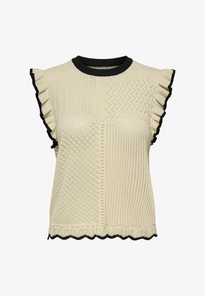 Ärmelloses stricktop in Creme mit strukturierten Mustern, schwarzem geripptem Ausschnitt und Rüschensäumen. Verfügt über verschiedene Stitch-Designs und einen gewellten Saum.