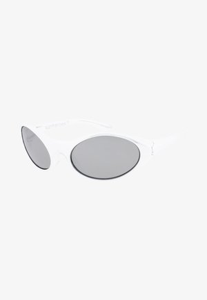 Gafas de sol ovaladas blancas con lentes oscuros y montura de plástico lisa y brillante. La marca "sunheroes" está impresa en el interior de la patilla.