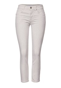 Pantalones de algodón a rayas blancas y grises con un diseño ajustado, estilo de cinco bolsillos y cierre de botón en la parte delantera. Cintura de altura media.