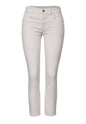 Gestreifte Baumwollhose in Weiß und Grau mit tailliertem Design, Fünf-Taschen-Stil und Knopfverschluss vorne. Mittlere Bundhöhe.