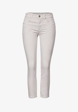 Wit en grijs gestreepte katoenen broek met een aansluitend ontwerp, vijf zakken en een knoopsluiting aan de voorkant. Midden-heup taille.