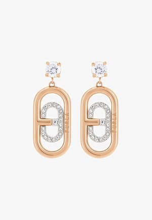 Cercei ovali din aur roz, cu un stud rotund transparent și un detaliu cu logo argintiu împodobit cu cristale în interiorul fiecărui cadru oval.