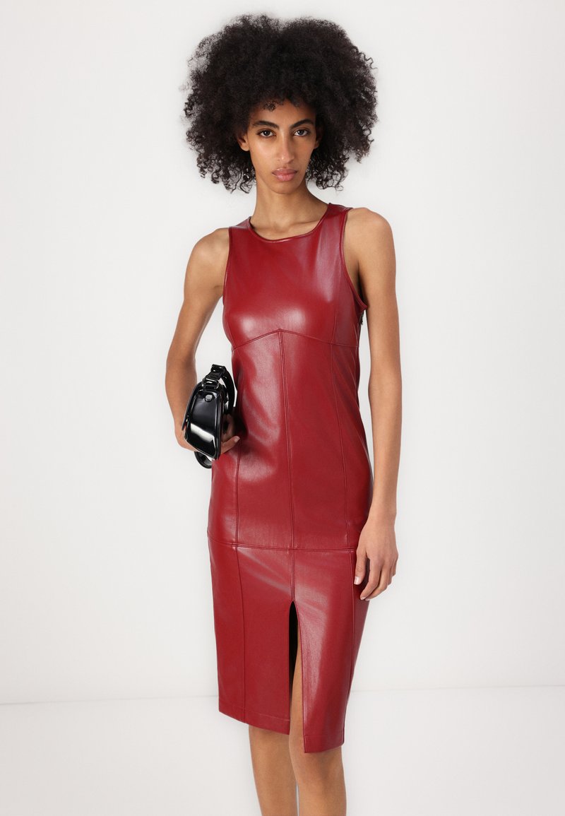 black leather cut out dress Faux Leather Cut Out Sheath Midi Dress - Black