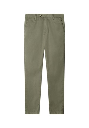 Chinosy w kolorze oliwkowej zieleni o wąskim kroju, wyposażone w zapięcie na guziki, szlufki na pasek i boczne kieszenie. Gładka, lekka tkanina bez widocznych wzorów.