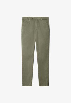 Olijfgroene chino's met een slanke pasvorm, voorzien van een knoopsluiting, lussen voor een riem en zijzakken. Glad, lichtgewicht materiaal zonder zichtbare patronen.