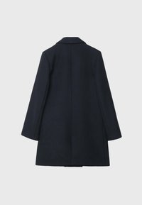 Manteau en laine bleu marine à manches longues et dos droit, avec un col classique et une longueur mi-cuisse.