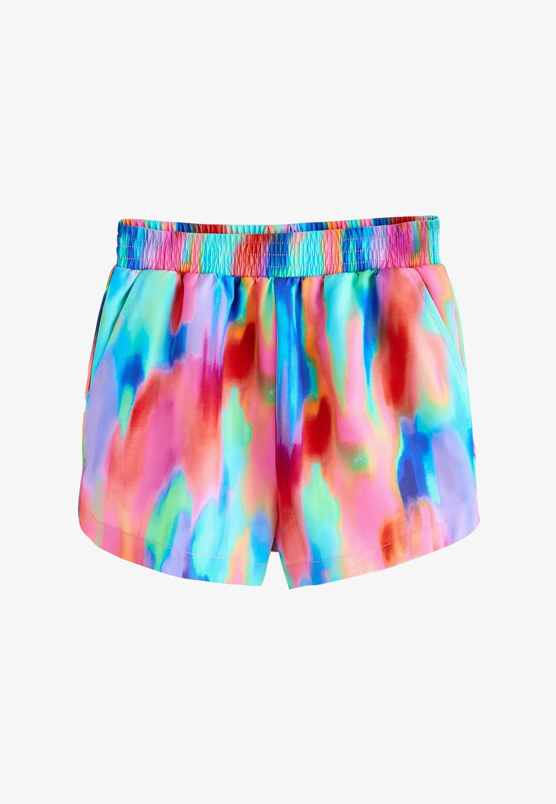 Spalvingi, lengvi plaukimo šortai su raukšlėtu liemeniu, dviem šoninėmis kišenėmis ir švelniu, abstrakčiu raštu rožinės, mėlynos ir žalios spalvų tonų.