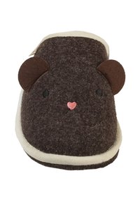 Brown felt slipper with a cream trim, featuring bear ears, embroidered eyes, and a pink heart on the toe. Soft texture for comfort.