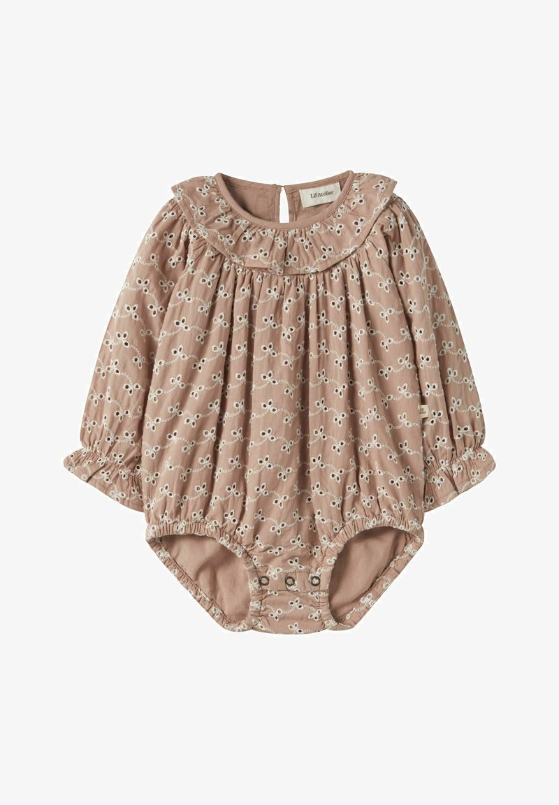 Garām piedurknēm bodijs no mīksta rozā kokvilnas ar baltu ziedu izšuvumu, volānu apkakli un elastīgām piedurknēm un kāju atverēm. Apakšā ar aizdares sprādzēm.