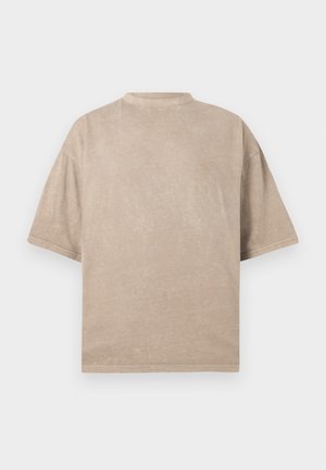 Übergroßes beiges T-Shirt mit Rundhalsausschnitt, kurzen Ärmeln und strukturierter Oberfläche. Einfaches Design ohne Muster oder Akzente.