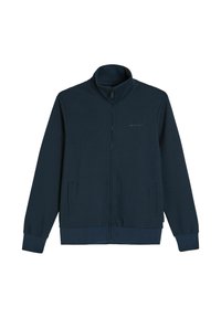 Granatowa kurtka zapinana na zamek, wykonana z miękkiego materiału, z wysokim kołnierzem, bocznymi kieszeniami i subtelnym logo na piersi. Gładka tekstura.