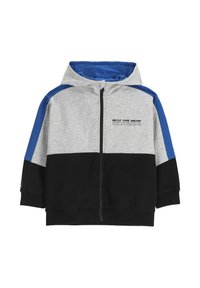 Dziecięca bluza z kapturem w kolorach szarym, czarnym i niebieskim, z kapturem oraz napisem "Buduj swoje marzenia" na klatce piersiowej.