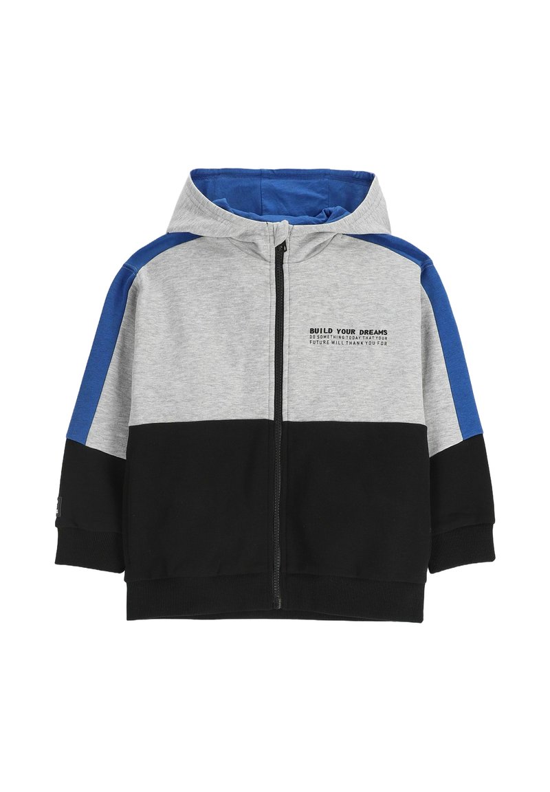 Dziecięca bluza z kapturem w kolorach szarym, czarnym i niebieskim, z kapturem oraz napisem "Buduj swoje marzenia" na klatce piersiowej.