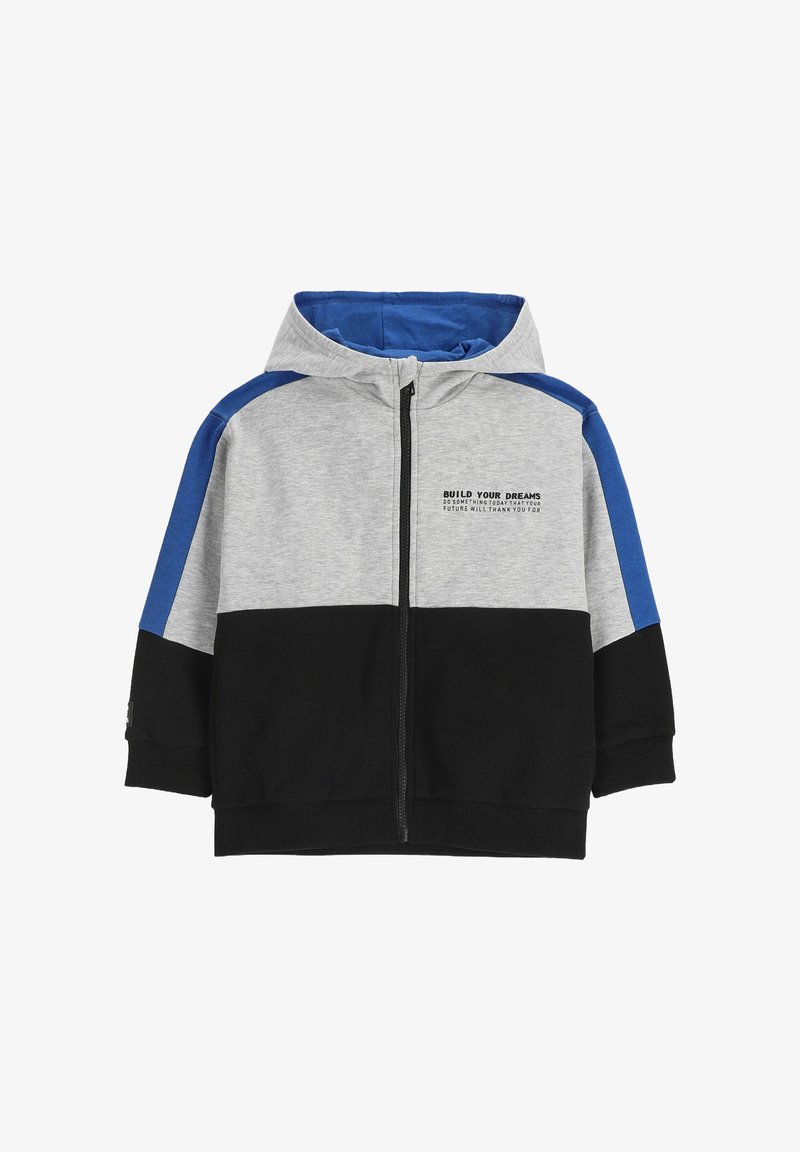 Dziecięca bluza z kapturem w kolorach szarym, czarnym i niebieskim, z kapturem oraz napisem "Buduj swoje marzenia" na klatce piersiowej.