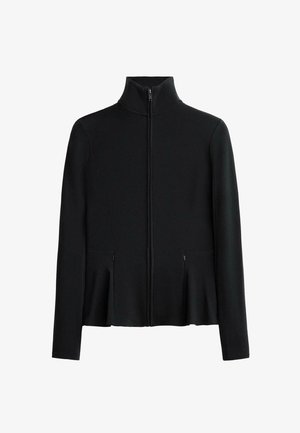 Giacca nera con zip e colletto alto, dotata di maniche lunghe, due tasche laterali e orlo svasato. Realizzata in tessuto morbido e testurizzato.