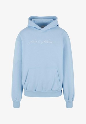 Taivasininen huppari, joka on valmistettu pehmeästä kankaasta. Vaatteessa on etutasku, ribbaatut hihanpäät ja helma, sekä valkoinen logotunnus rinnassa.