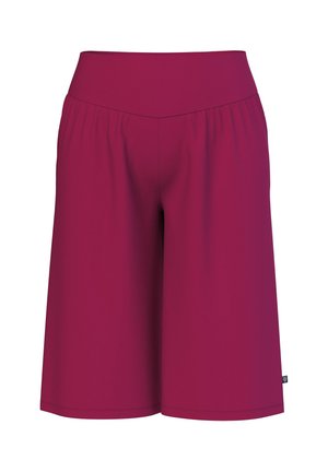 Culottes bordeaux avec une large taille élastique, présentant une texture lisse, une coupe décontractée et une longueur mi-genoux sans pièces métalliques visibles.
