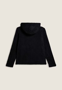 Giacca in fleece nera con cappuccio, caratterizzata da una finitura morbida e testurizzata. Presenta maniche lunghe e una linea dritta senza chiusure visibili.