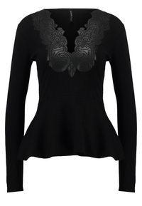 Top nero a maniche lunghe con scollo a V profondo, dettaglio in pelle nera testurizzata con motivi intricati, orlo a baschina e corpetto aderente.