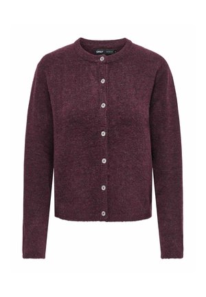 Cardigan violet à manches longues en maille avec col rond et sept boutons blancs sur le devant, fabriqué en tissu doux et texturé.