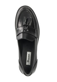 Black leather loafers with a flat sole, featuring a decorative tassel detail and a rounded toe. Inside branded with "Dune London."